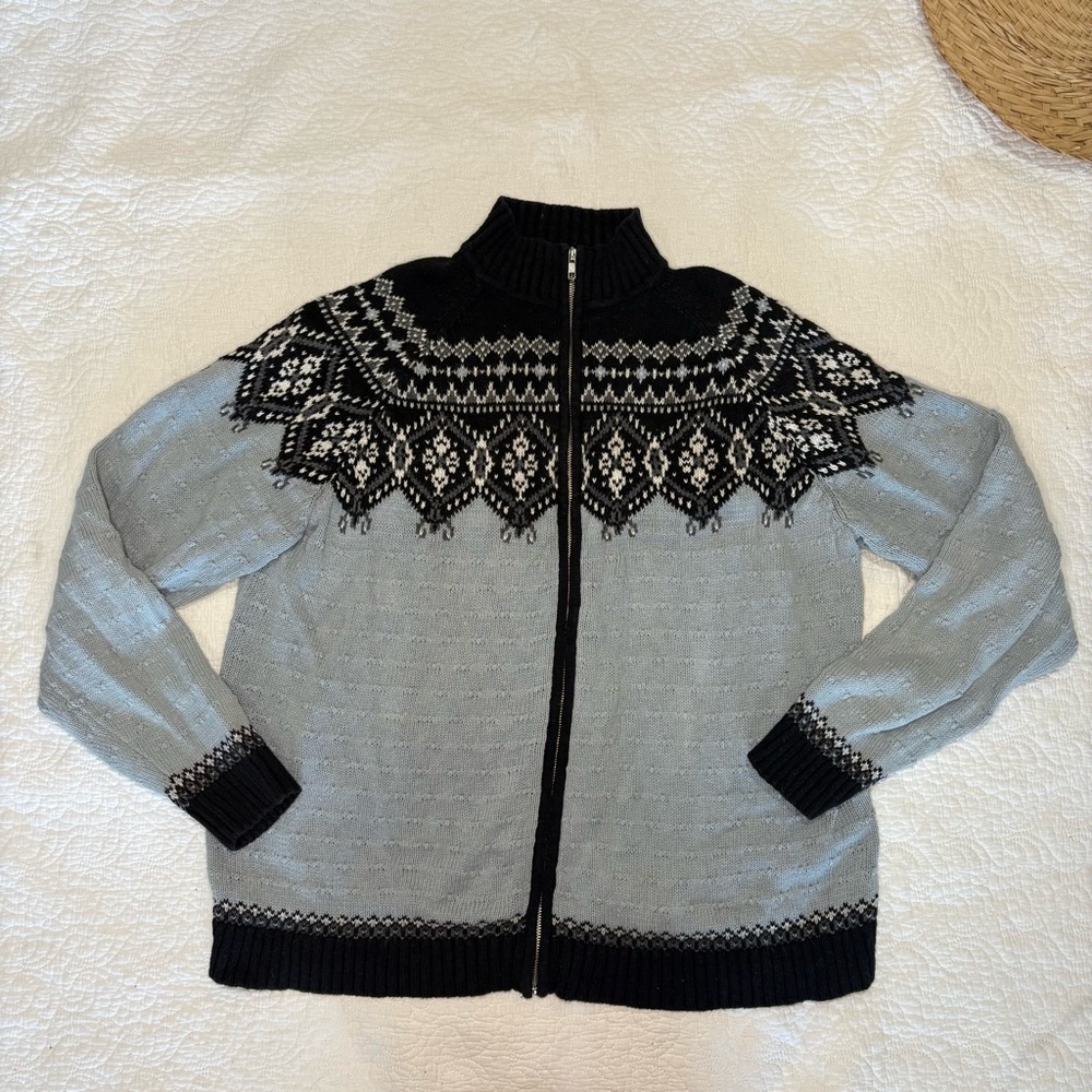 Sag Harbor Nordic Fair Isle Zip Sweater Jacket Black Gray White XL - Picture 2 of 11